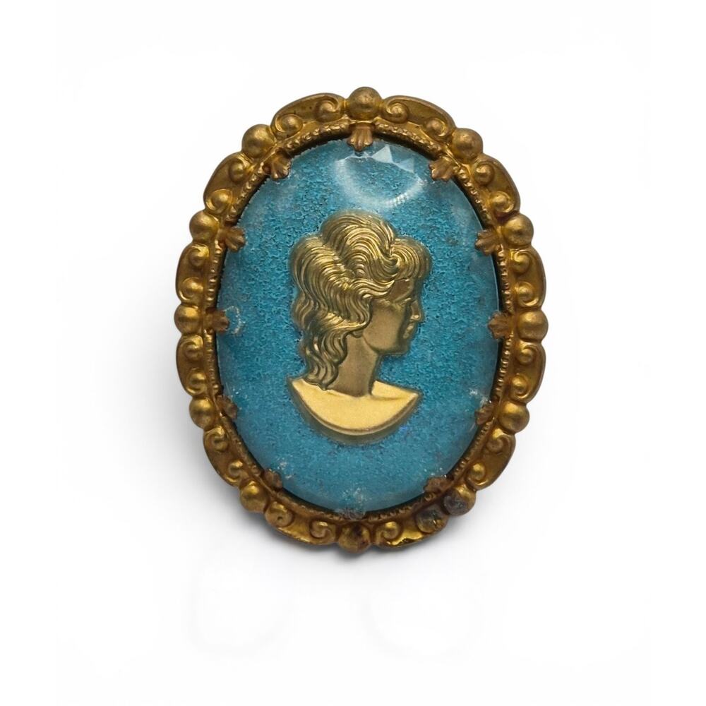 Vintage West Germany Blue Cameo Brooch Gold Tone Portrait Pin